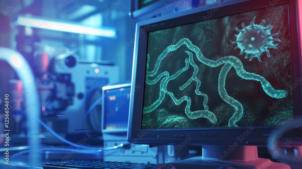 Poster a laboratory computer shows an intricate digital image of a virus, blending cutting-edge visualizati