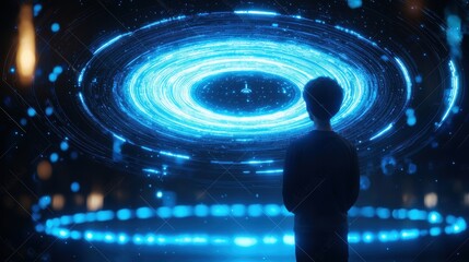 A silhouette gazes at a mesmerizing blue holographic galaxy, surrounded by a glowing circular display, evoking a sense of wonder and exploration.