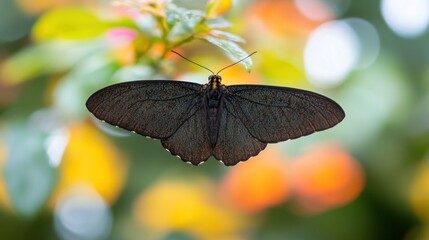 Obraz premium Dark butterfly perched on leaf, garden bokeh background, nature photography, stock image