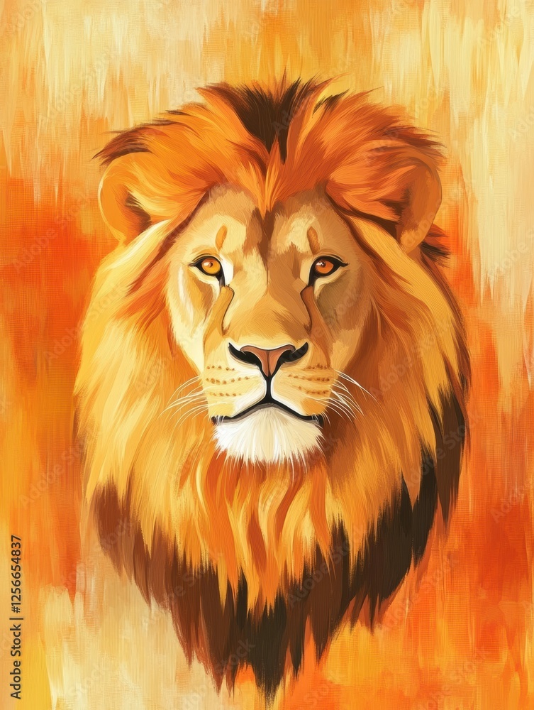 Poster Regal lion portrait with glowing golden mane illuminated by sunset light and ample space for text above and below. Generative AI