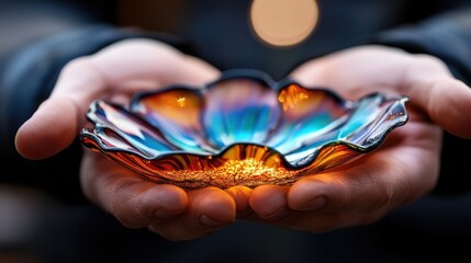 An artisan presents a beautifully crafted glass bowl, exemplifying exquisite artistry and vibrant colors, highlighting the perfect balance between craftsmanship and creativity.