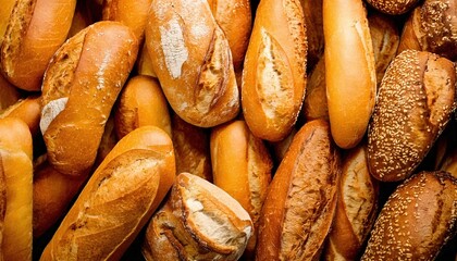 Freshly baked bread rolls displayed in a bakery showcasing various types and textures