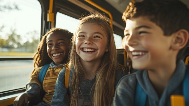 Three young students giggle on the school bus as they head to school