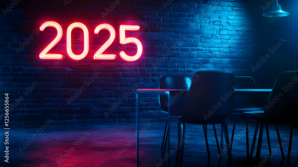 Poster a modern interior with neon lights displaying '2025', creating a vibrant atmosphere perfect for futu