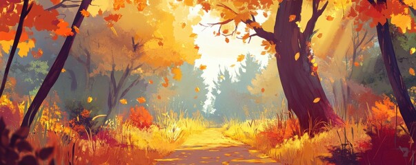 Serene autumn forest path with colorful falling leaves and golden glow