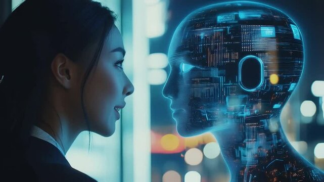 4K video of human call center agent and an AI assistant displayed on a floating holographic screen