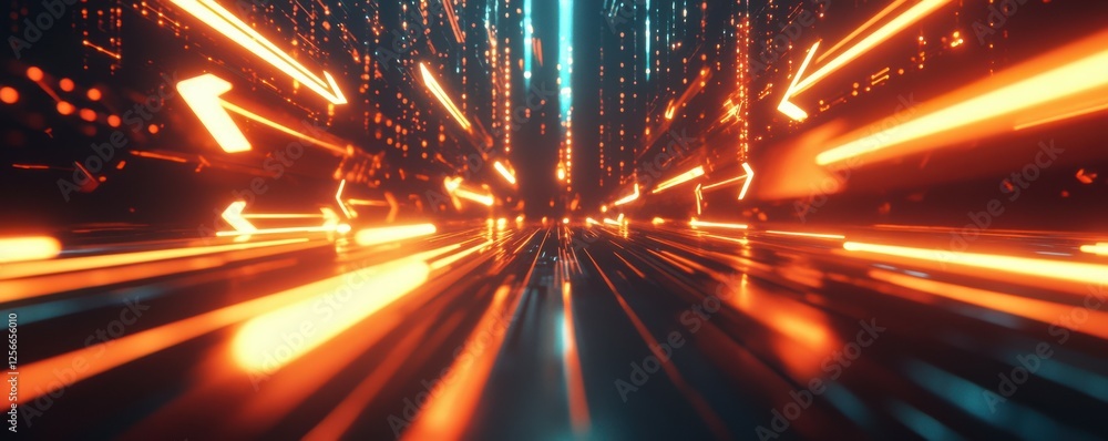 Poster futuristic neon light tunnel with dynamic glowing arrows and digital patterns
