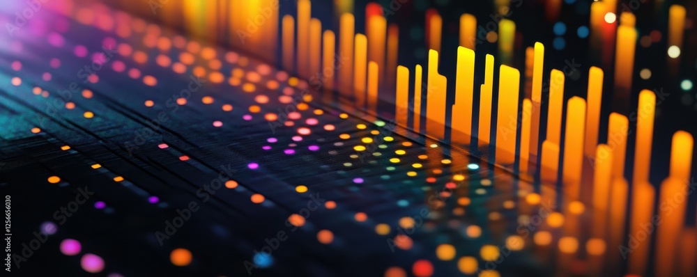 Poster vibrant digital data visualization with colorful bar and dot patterns