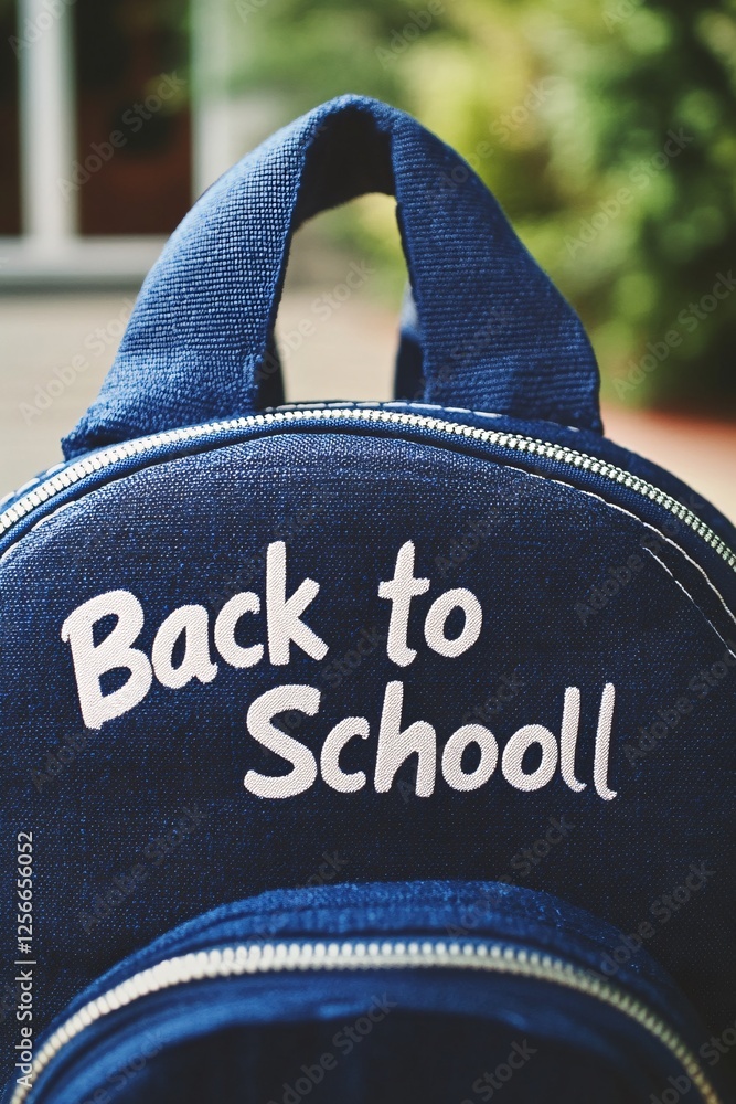 Poster blue backpack displaying back to school sign against blurred background symbolizing learning