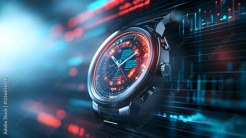 Poster a modern smartwatch with a futuristic design, displaying vibrant digital elements and a high-tech in