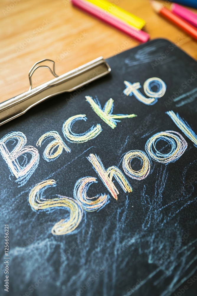 Poster vibrant back-to-school message on a chalkboard with colored pencils marking the start of the school 
