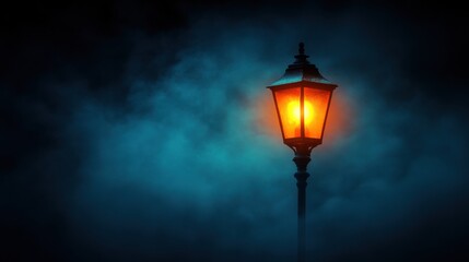 Mysterious Lantern Illuminates a Foggy Space with a Tilted Pole, Creating an Enigmatic Atmosphere Ideal for Exploring Electric Nightscapes and Spooky Settings