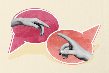 Composite art 3d creative image collage of human hands reach index finger gesture communication...