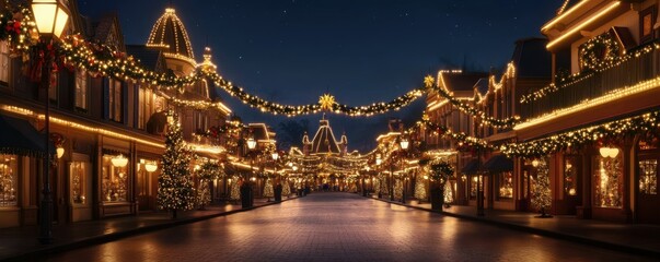 Festive night street scene with christmas lights and decorations © Svitlana