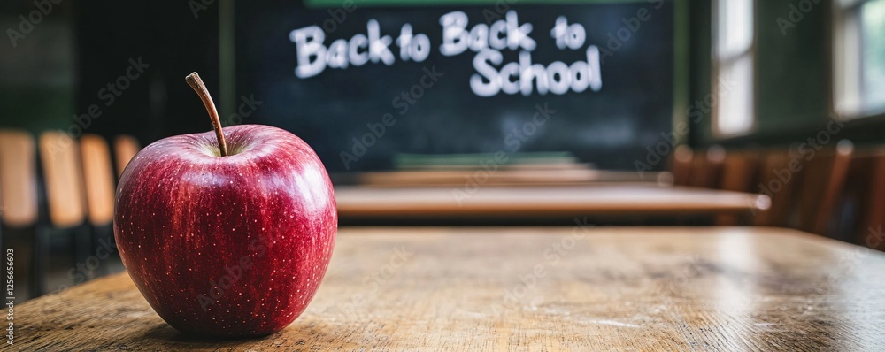 Poster Red apple sits on a classroom desk with a chalkboard in the background reading back to school