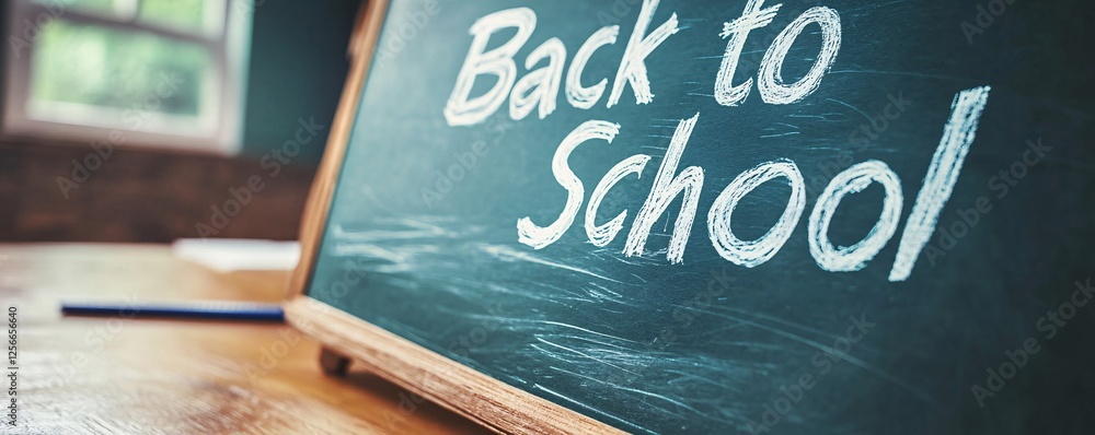 Poster back to school sign displayed on a chalkboard in a classroom setting