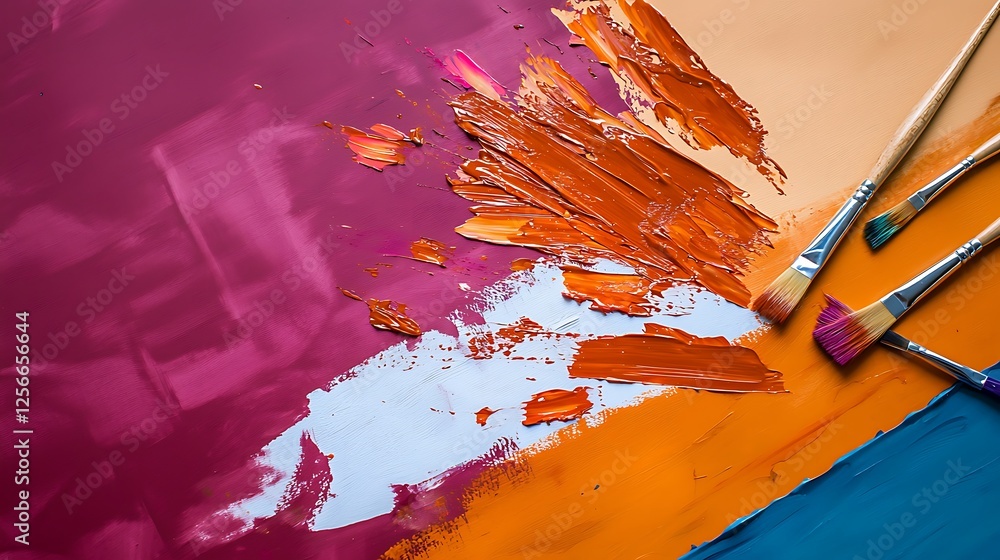 Poster vibrant abstract painting in progress with colorful brush strokes and tools on canvas