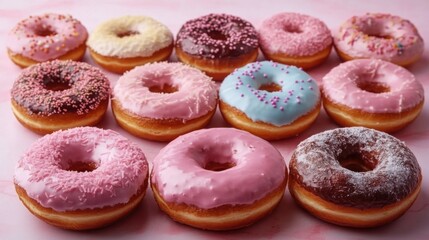 Assorted Delicious Donuts Displayed on Pastel Blue Background with Sprinkles and Icing, Perfect for Sweet Treat and Bakery Themes