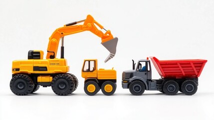Naklejka premium Excavator loading dump truck, toy vehicles, white background, construction theme, children's play