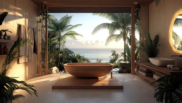 Luxury Tropical Bathroom with Ocean View:  A serene escape designed for ultimate relaxation and rejuvenation, boasting stunning natural light and breathtaking panoramic views.