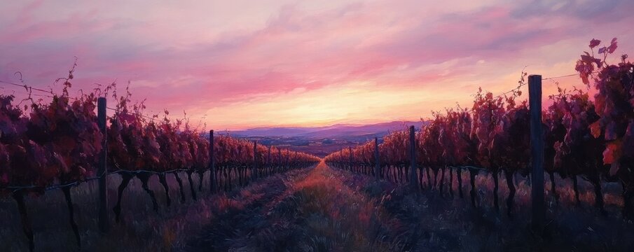 Sunset over vineyard with colorful sky and lush grape vines in spring