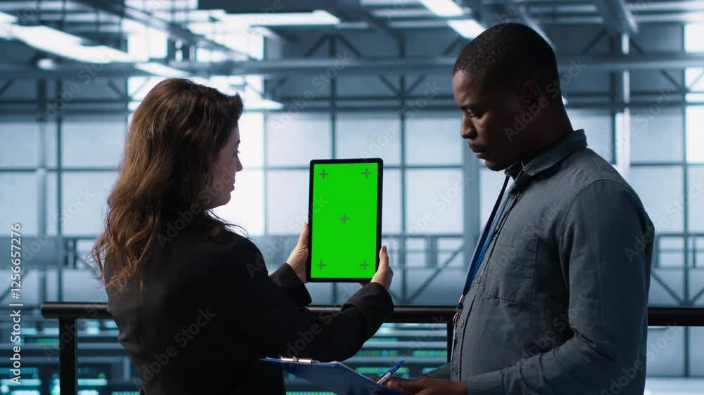 Poster technicians in data center using green screen tablet, reviewing hardware diagnostics. it coworkers a