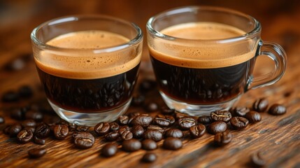 Two Elegant Glass Cups of Rich Turkish Coffee Surrounded by Aromatic Coffee Beans on a Rustic Wooden Surface, Captured in High Detail