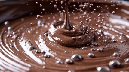Close-Up of Rich Chocolate Sauce with Droplets in Motion Captured Against a Smooth, Brown Background Ideal for Culinary and Food Photography Projects