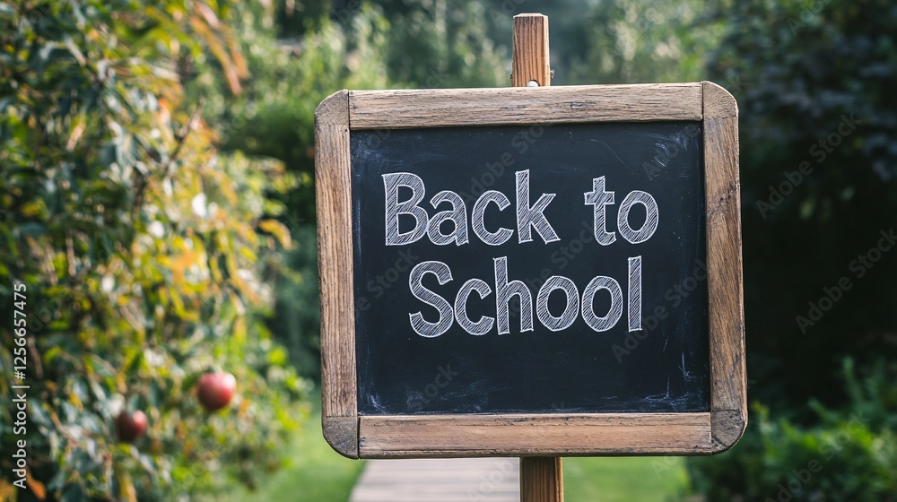 Poster blackboard with back to school message placed on a wooden walkway with lush greenery in the backgrou