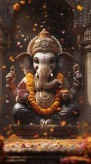Fototapeta premium Ganesh Statue in Indian Temple with Sacred Ornaments, Color Splashes, and Traditional Decor. Copy space. Generative AI
