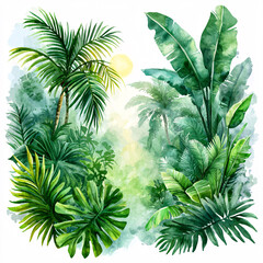 Obraz premium Lush watercolor jungle scene featuring vibrant palm trees and tropical foliage bathed in soft sunlight.