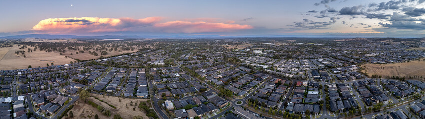 Aerial sunset panorama of the suburb of Mernda, located 45minutes north of the Melbourne CBD in...