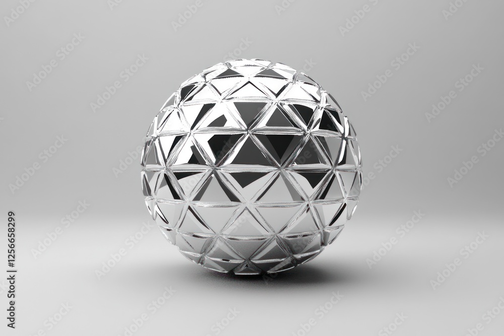 Poster chrome sphere with triangular geometric pattern.