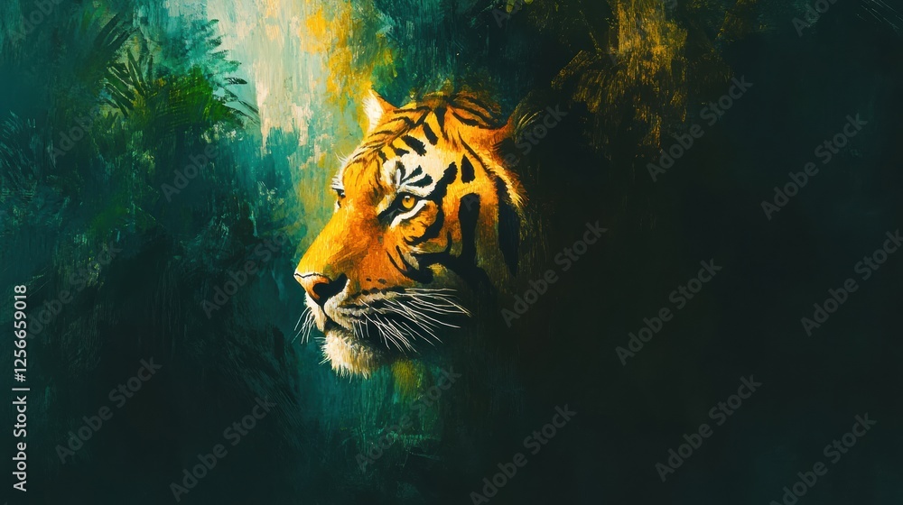 Aufkleber vibrant portrait of a tiger in the jungle with room for text display. generative ai