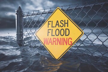 Flash flood warning sign partially submerged by rising floodwaters near a chain-link fence under a cloudy, stormy sky.