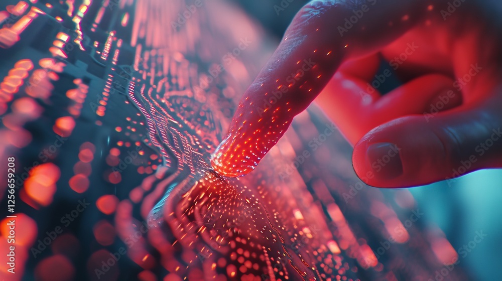 Poster a futuristic image of a finger touching a glowing red digital interface, creating vibrant light patt
