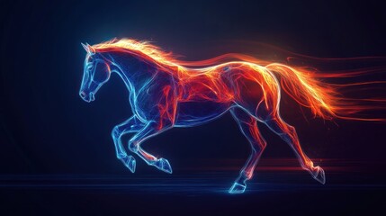 Fiery horse running, dark background, energy, power, design
