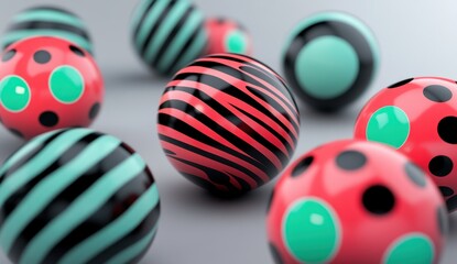 Colorful patterned spheres scattered on a white surface.