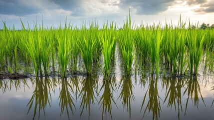 Obraz premium Lush green rice plants in a flooded paddy field. Showcasing the cultivation process and agricultural beauty. Ideal for agricultural magazines and educational materials.