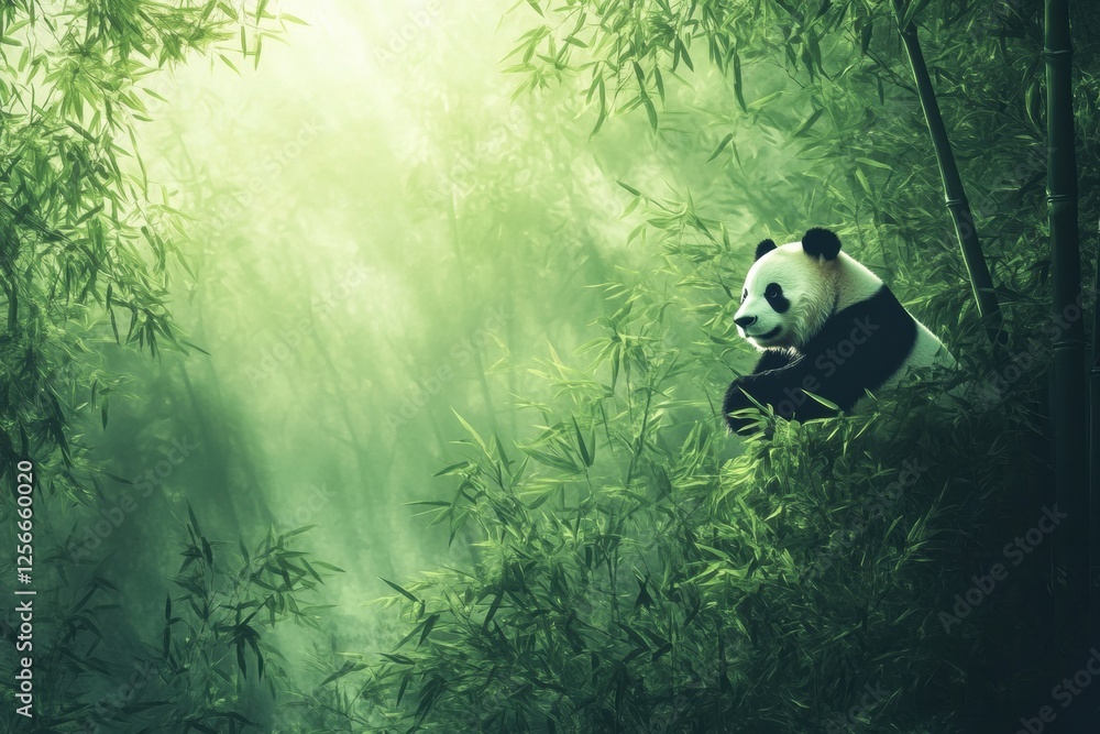 Aufkleber Panda portrait in a serene bamboo forest with natural light creating a calming atmosphere for reflection and tranquility. Generative AI