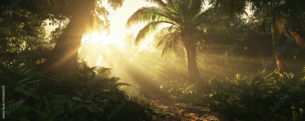Poster sunlit jungle pathway with lush greenery and palm trees