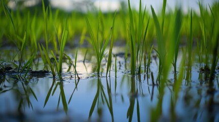 Obraz premium Lush green rice plants in a flooded paddy field. Showcasing the cultivation process and agricultural beauty. Ideal for agricultural magazines and educational materials.