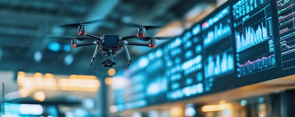 Poster advanced technology drone flying in high-tech data center environment