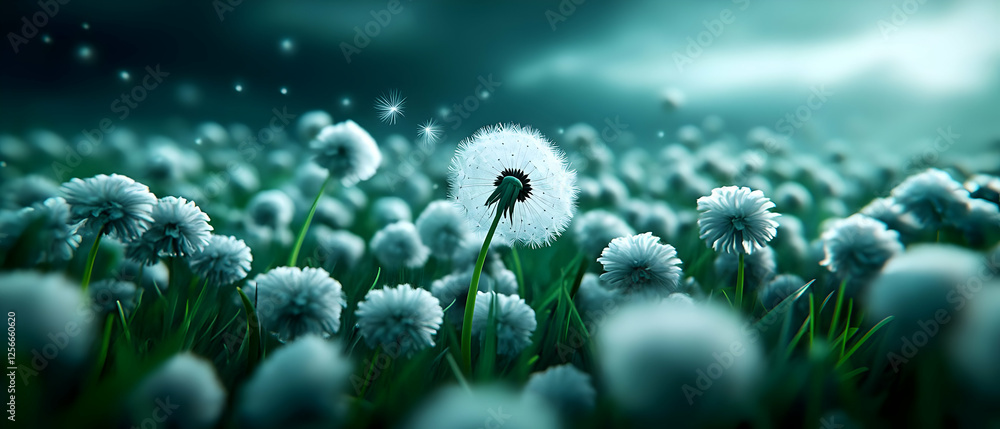 Poster a serene field of dandelions glows under soft light, creating a peaceful and enchanting atmosphere.