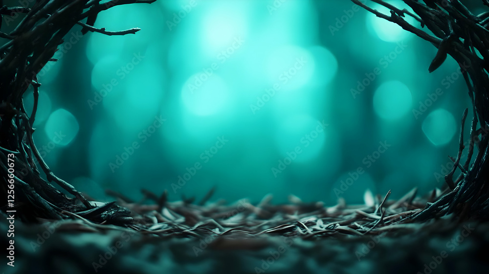 Poster a serene forest view framed by branches, showcasing a dreamy bokeh effect and a carpet of fallen lea