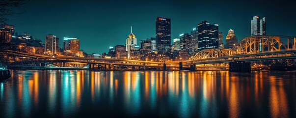 Fototapeta premium Night skyline of pittsburgh with illuminated bridges and skyscrapers over reflective river