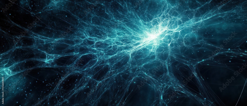Poster abstract network of glowing cyan filaments in space