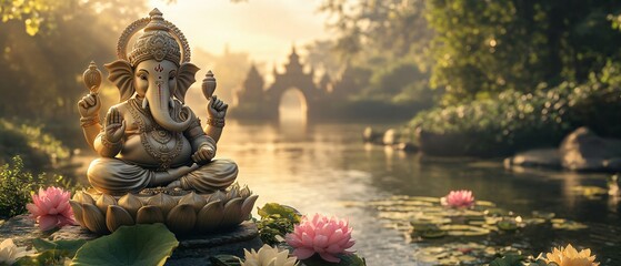 Ganesh Statue in Indian Landscape with Lotus Pedestal, Sunrise, and Floating Flower Offerings. Copy space. Generative AI