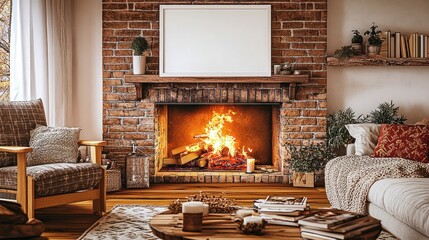 Cozy living room with fireplace, armchair, and blank canvas.