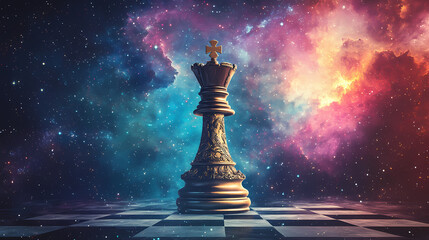 Regal celestial chess king with ornate motifs presiding over a vast galaxy backdrop symbolizing cosmic leadership and visionary strategy. Ornate Celestial Thrones. Illustration